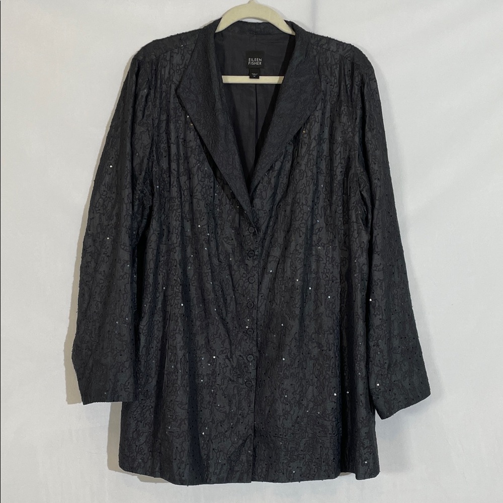 Eileen Fisher Silk Jacket Size XL Black Embroidered With Sequins EUC